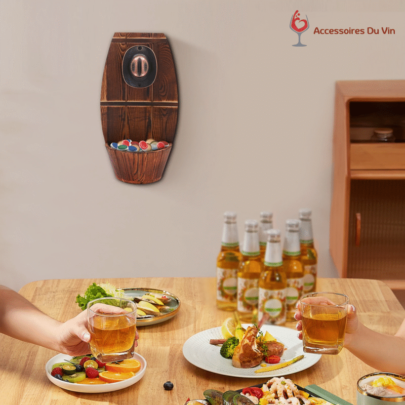 Décapsuleur mural installé dans une salle à manger, utilisé pendant un repas avec bières