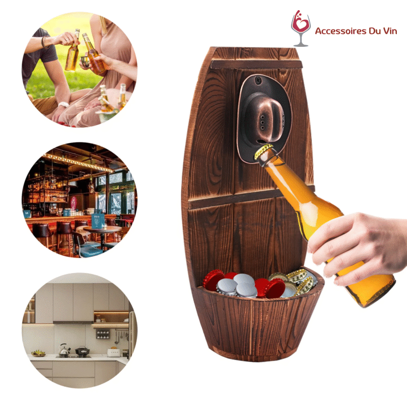 Main ouvrant une bouteille avec un décapsuleur mural en bois et fer, capsules récupérées en bas