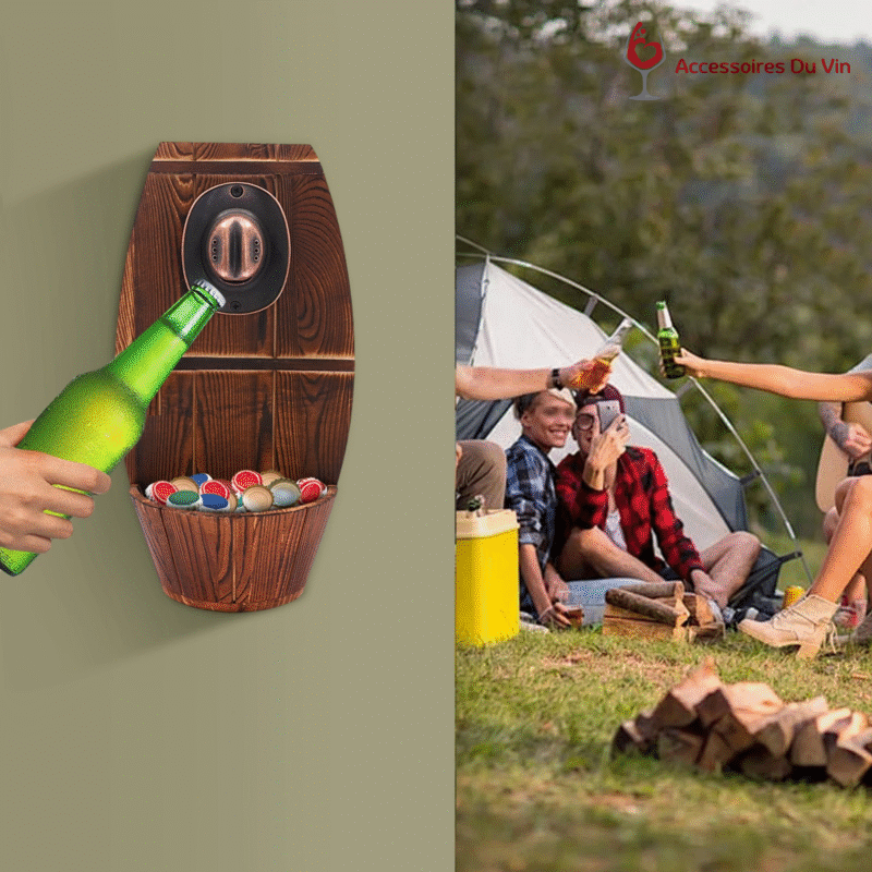 Scène de camping avec amis trinquant et décapsuleur mural utilisé en premier plan