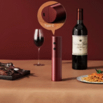 Tire-bouchon rouge à côté de deux plats et une bouteille de vin
