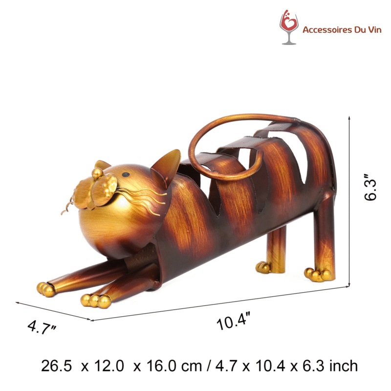 Dimensions du porte-bouteille chat allongé, en position d'étirement avec emplacement pour une bouteille