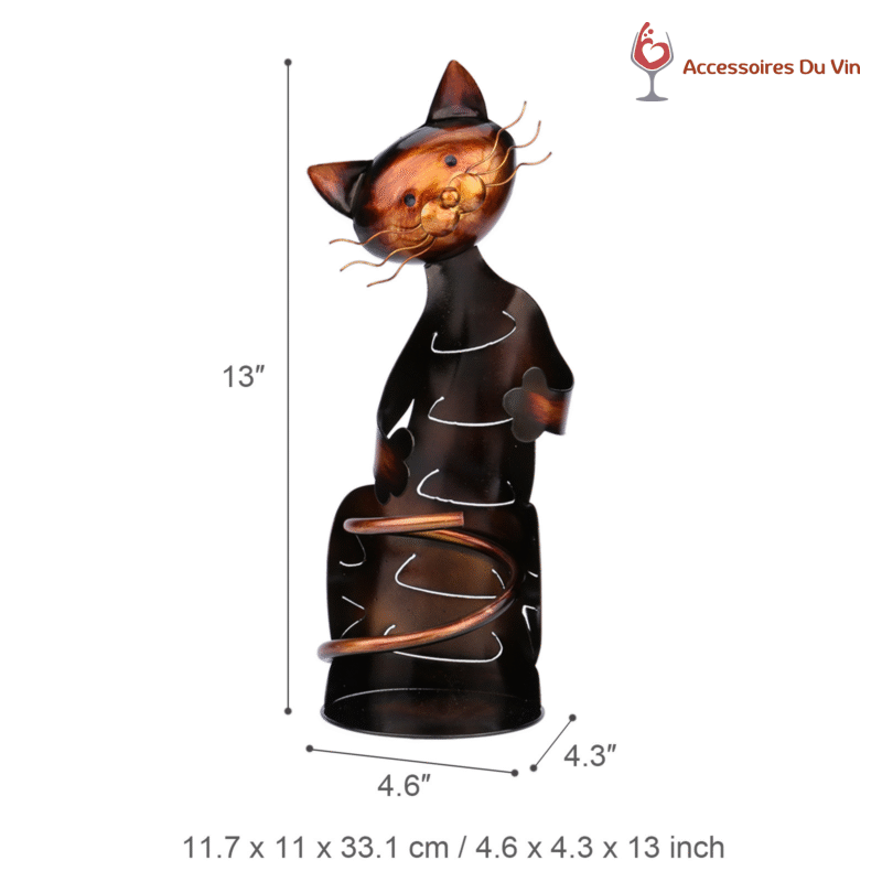 Dimensions du porte-bouteille chat assis affichées sur fond blanc (33,1 cm de haut)