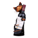 Support à vin en métal en forme de chat assis, tenant une bouteille de vin