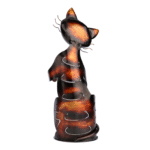 Vue arrière du porte-bouteille chat assis montrant les détails du pelage métallique.