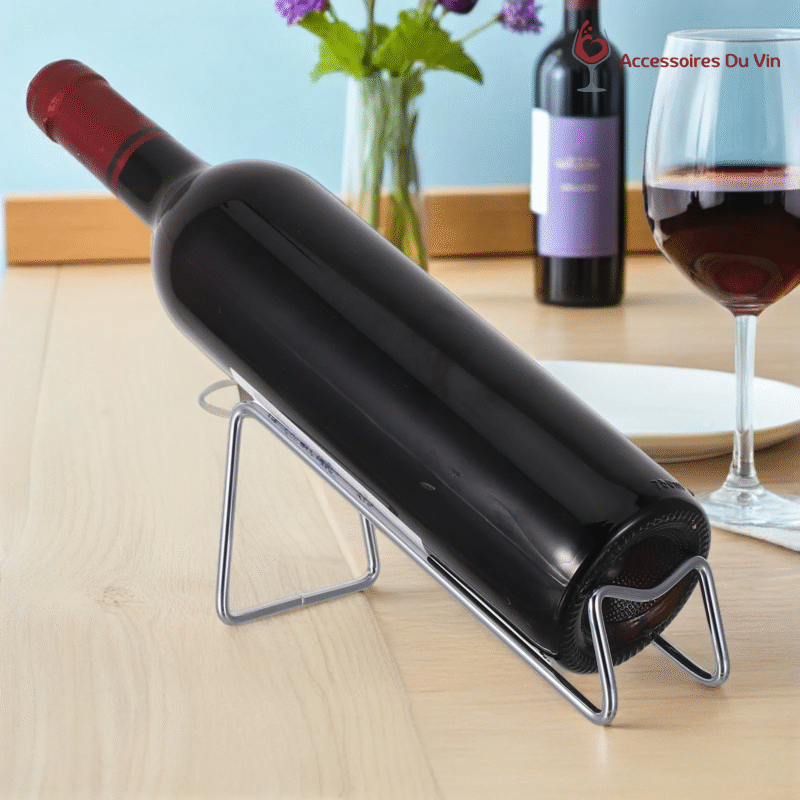 porte-bouteille en métal noir avec bouteille de vin présentée sur table de restaurant