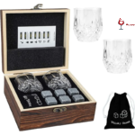 coffret en bois avec verres à whisky et pierres de granit