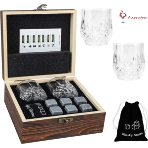 coffret en bois avec verres à whisky et pierres de granit