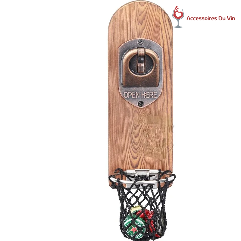 decapsuleur-mural-magnetique-panier Décapsuleur mural magnétique en bois avec panier récupérateur de capsules