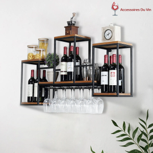 Étagère murale à vin en métal et bois avec verres suspendus