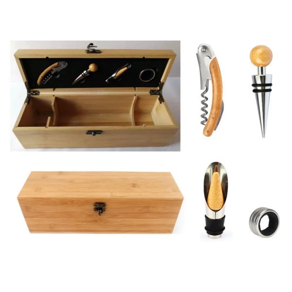 Coffret à vin en bambou avec accessoires en acier inoxydable – tire-bouchon, bouchon, verseur, anti-goutte