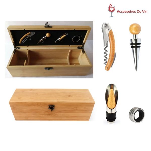 Coffret à vin en bambou avec accessoires en acier inoxydable – tire-bouchon, bouchon, verseur, anti-goutte